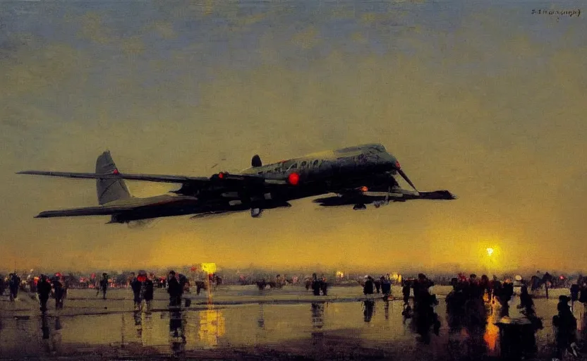 Image similar to high quality high detail painting by ilya repin, dawn, plane landing in the airport, hd