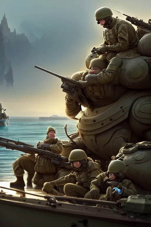 Image similar to pixar soldiers aiming at a walrus sleeping on a boat | glamorous oily soft polished rich ornate modern | weta disney pixar movie still photo | hi - fructose, sci fi fantasy, smooth, octane render, sharp focus, artstation, concept art | artgerm, mucha, rutkowski, feng zhu, wlop, loish