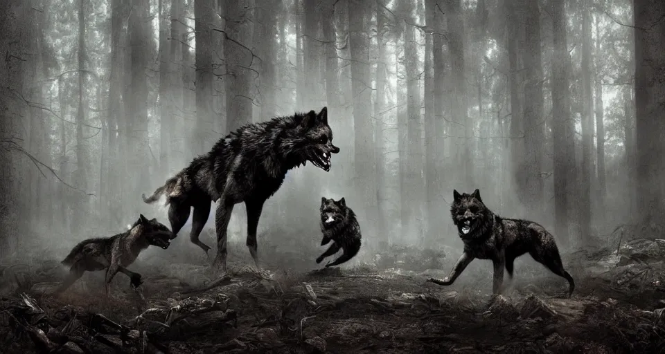 Prompt: an epic action concept masterpiece of a rabid wolfpack, in a forest made of nightmares, horrific digital art, extremely moody lighting, style of chippy