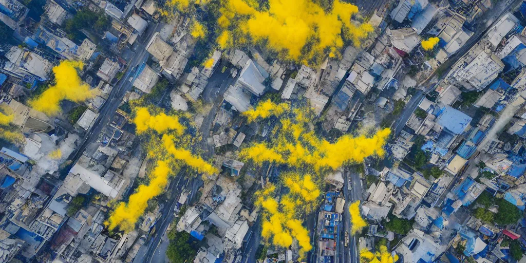 Image similar to kiev city streets covered in yellow and blue smoke, drone photography, by kim keever