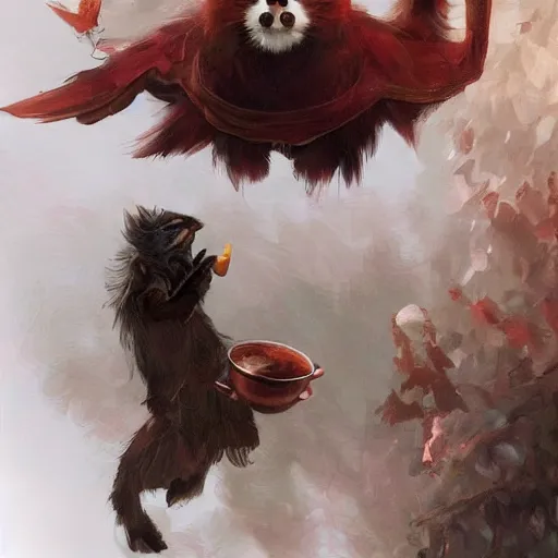 Image similar to anthropomorphic crow and red panda in a cafe, highly detailed, digital painting, artstation, concept art, smooth, sharp focus, illustration, art by artgerm and greg rutkowski and alphonse mucha