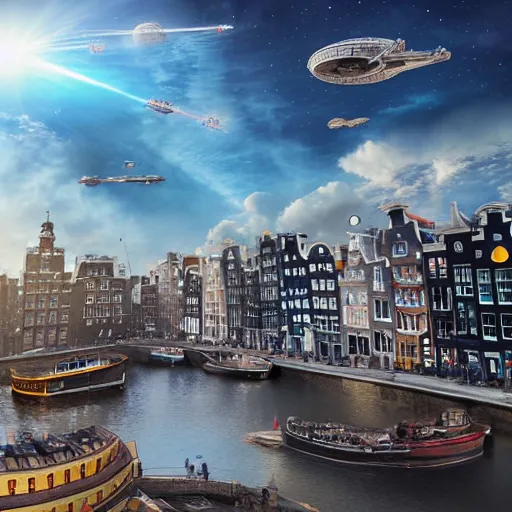 Image similar to city of amsterdam, millennium falcon in the sky, natural lighting, dreamy, intricate details, matte painting, illustration, by hayao miyazaki