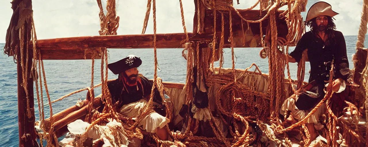 Image similar to the pirate blackbeards spaghetti treasure, aboard his sailboat, caribbean, 1 7 0 0 s, canon 2 0 mm, photograph, kodachrome,