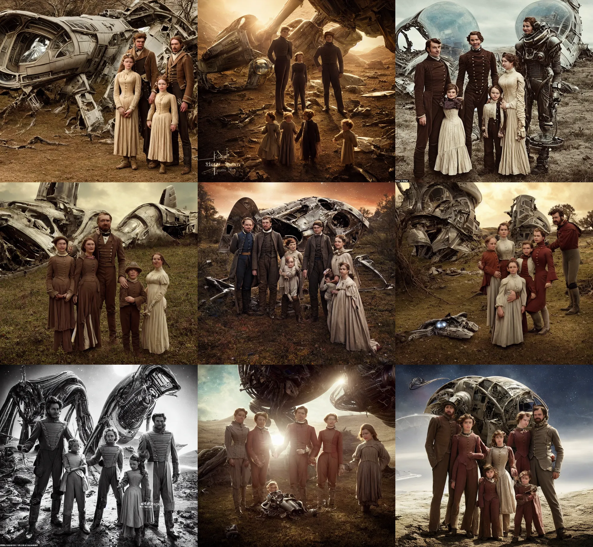 Prompt: sharp, highly detailed, film from a blockbuster sci fi 8 k color movie, set in 1 8 6 0, family standing in front of a crashed spaceship, on alien planet, looking happy, wearing 1 8 5 0 s era clothes, atmospheric lighting, in focus, reflective eyes, 3 5 mm macro lens, live action, nice composition, good photography, clear facial details