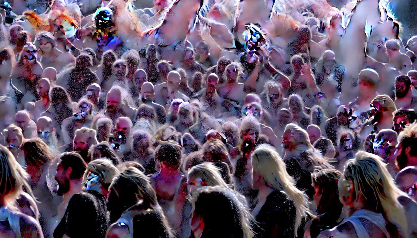 Image similar to in the style of Cam Kennedy , 2000AD , burst of powders ,detailed entangled fibres ,volumetric lighting, twisting vapour, bellowing dust ,flowing shimmering fabrics, emerging hands and an ancient male bearded face , Hundreds of humans , emerging hands and beautiful women’s and men screaming laughing and crying face , full colour , upscale , 4k