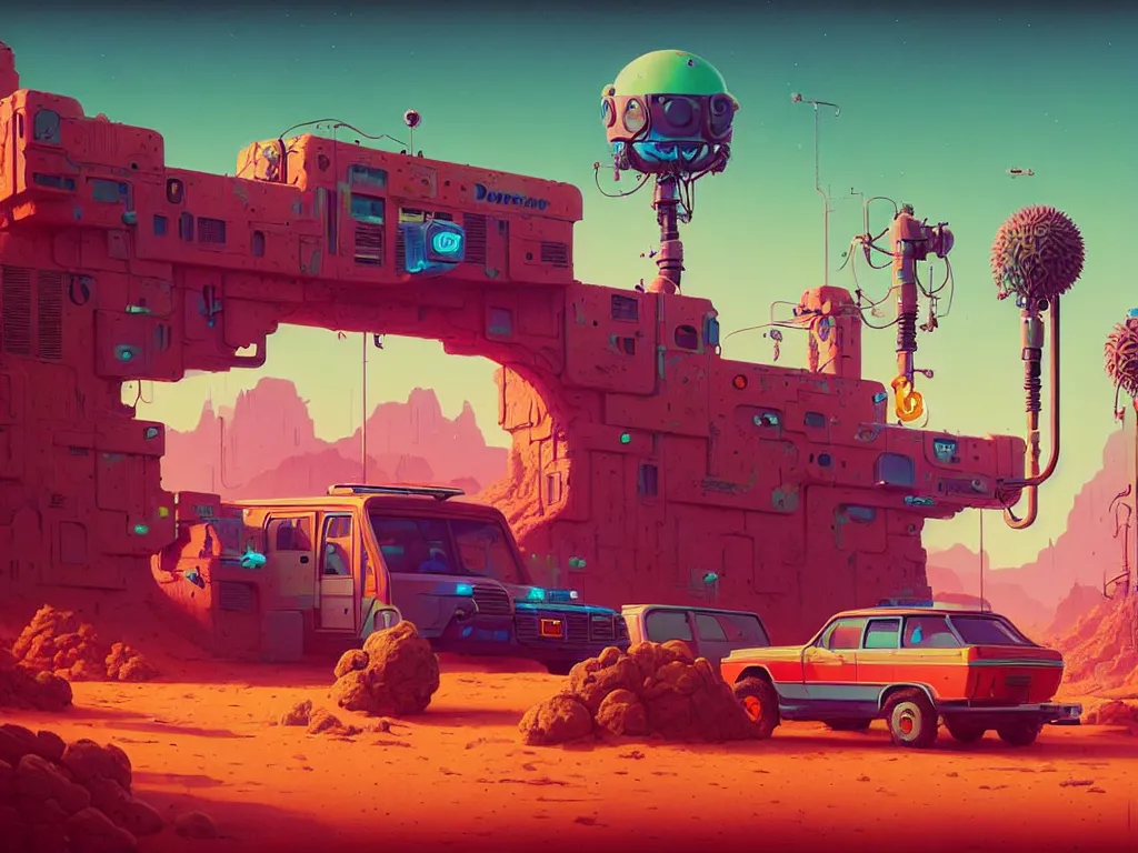 Prompt: 80s outdoor retro arcade, desolate, desert vegetation:: Simon Stålenhag and beeple and James Gilleard and Justin Gerard :: ornate, dynamic, particulate, intricate, elegant, highly detailed, centered, artstation, smooth, sharp focus, octane render, 3d