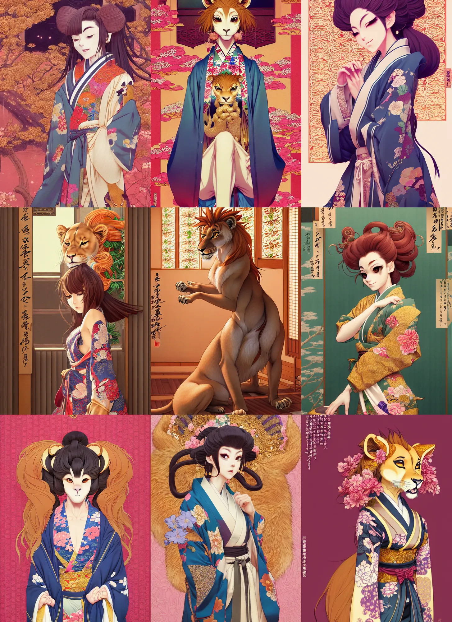 Prompt: beautiful full body portrait of a female anthropomorphic lioness fursona dressed in a ornate kimono at a japanese house. character design by disney, anime, manga, charlie bowater, ross tran, artgerm, and makoto shinkai, detailed, soft lighting, rendered in octane