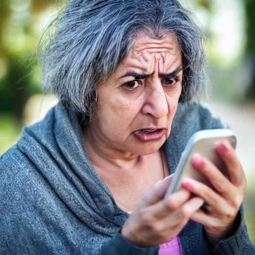 Image similar to astonished and angry middle aged lady looking at smartphone, unsure expression, uncombed hair, greek ethnicity, persian face structure, straight grey hair, angry eyes, photo, realistic, outdoor lighting, 4 k, 8 k, hd, 3 9 mm lens