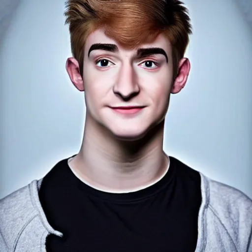 Image similar to “a realistic detailed photo of a guy who is an attractive humanoid who is half robot and half humanoid, who is a male android, twitch streamer Ninja Tyler Blevins, shiny skin, posing like a statue, blank stare, displayed”