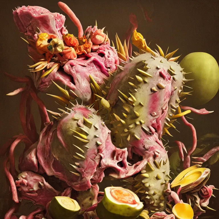 Image similar to still life of beautiful pastel tropical alien flowers, tropical fruit, human spine, rotten meat flesh with colorful mold, muscle tissue, spikes, baroque painting, beautiful detailed intricate insanely detailed octane render, 8K artistic photography, photorealistic, chiaroscuro, Raphael, Caravaggio