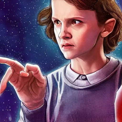 Prompt: Concept art, Eleven from 'Stranger Things' Season 3 (2019), with long hair, conjuring a magical miniature sun in her hand