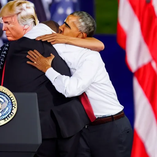 Prompt: donald trump hugging barack obama tenderly