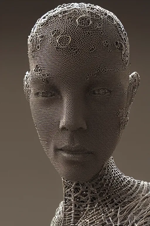 Image similar to a melancholic realistic 8k Sculpture of a complex robotic human face, liquid simulation, dramatic lighting, silver gold red details, hexagonal mesh wire, filigree intricate details, cinematic, fleshy musculature, white blossoms, elegant, octane render, art nouveau, 8k post-processing, intricate artwork by moebius