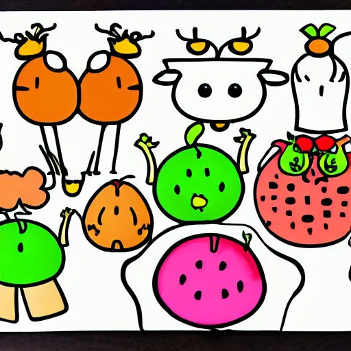 Prompt: coloring page of 3 grasshoppers, a chicken, a cow, a sheep, an apple, a peach, and a potato playing cards together