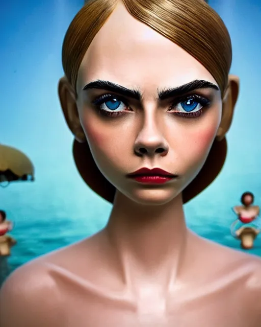 Prompt: closeup face profile portrait of cara delevingne as a tin toy flying saucer babe, bikini, depth of field, zeiss lens, detailed and intricate environment, fashion photoshoot by nicoletta ceccoli, mark ryden, lostfish, breathtaking, 8 k resolution, artistic, hyperrealistic, octane render