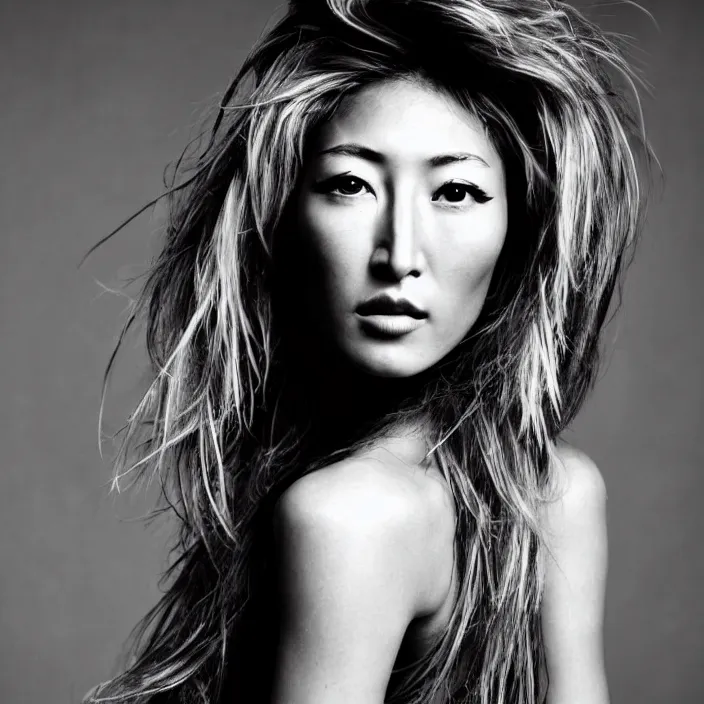 Image similar to young beautiful woman dichen lachman, gorgeous face, black and white photography, high fashion, full - body, 8 k,, ultra sharp focus, art by richard avedon, hellmut newton, victoria siemer, kirsty mitchell, laura zalenga