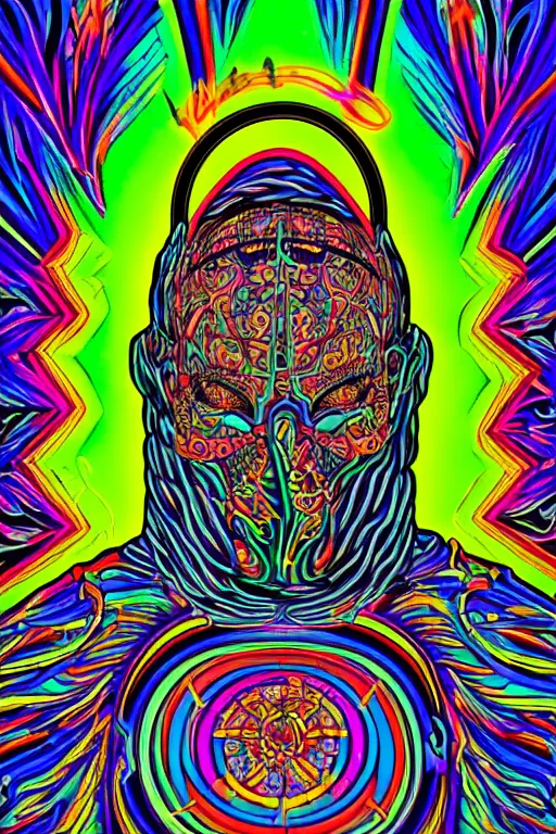 Image similar to a detailed digital neon illustration art of the man from burning man in the style of Alex Grey, lisa frank, psychedelic, fantasy, 8k, ornate, intricate, symmetry