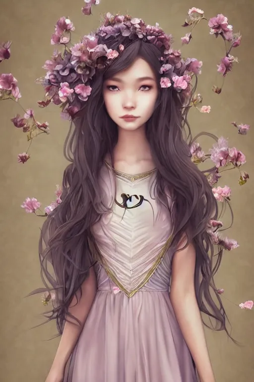 Image similar to romantic and fashion and love princess of the flower with sheath dress, 8 k realistic, teenager girl, baroque, symmetrical, flowing hair, smile, trending pinterest and pixiv, muted colors, hyperrealistic, l close up shot, character concept art, face by kyoung hwan kim, alexandra fomina, ilya kuvshinov