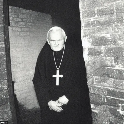 Prompt: award - winning photograph of john paul ii standing in the entrance to a small burning church building, at night, pitch black, christian cross