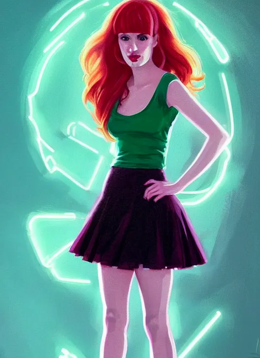 Image similar to full body portrait of teenage cheryl blossom, bangs, green eyes, sultry expression, red hair, sultry smirk, bangs and wavy hair, pink skirt, bangs, intricate, elegant, glowing lights, highly detailed, digital painting, artstation, concept art, smooth, sharp focus, illustration, art by wlop, mars ravelo and greg rutkowski