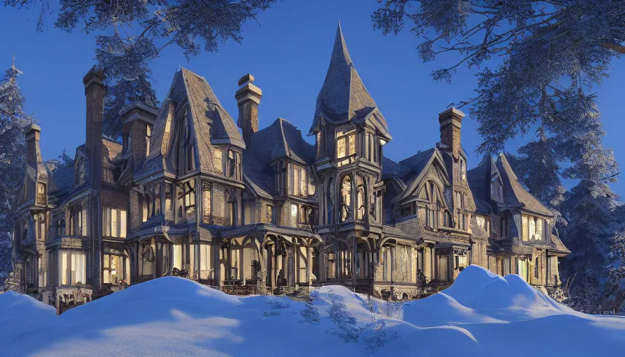 Image similar to wide angle of a Neo-Gothic manor built in the snow-caped mountains at sunset, volumetric light, hyperdetailed, artstation, cgsociety, 8k