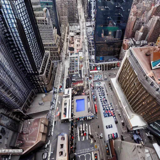 Image similar to : pov picture standing on edge of building in time square new york, cannon photo, 8 k, roof topping, high constrast