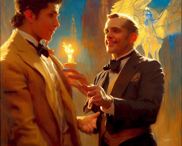 Image similar to attractive magician man, casting impossible magic. highly detailed painting by gaston bussiere, craig mullins, j. c. leyendecker 8 k