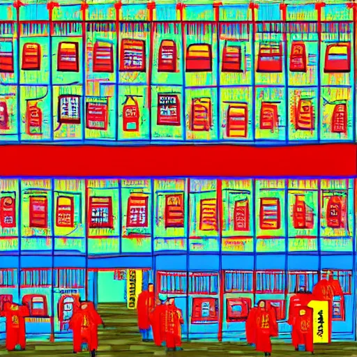 Image similar to a chinese prison, in the style of daniel johnston and outsider art, 8 k, line brush, minimal, brightly coloured, flat blocks of color, overlaid with chinese adverts