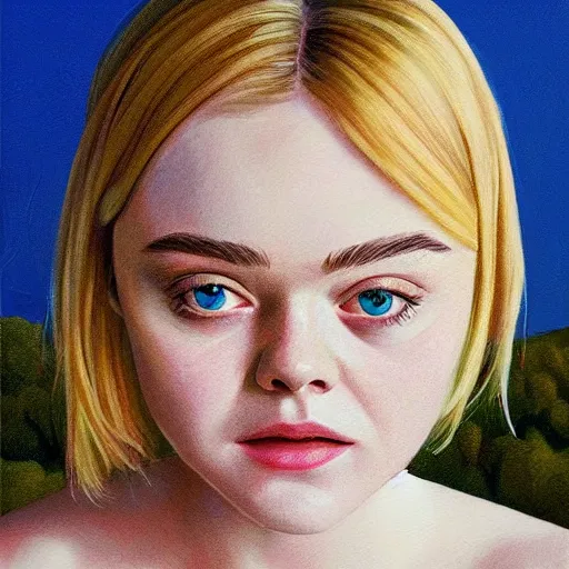 Prompt: professional painting of Elle Fanning in the style of Scott Listfield, head and shoulders portrait, symmetrical facial features, smooth, sharp focus, illustration, intricate, stormy weather, extremely detailed masterpiece,