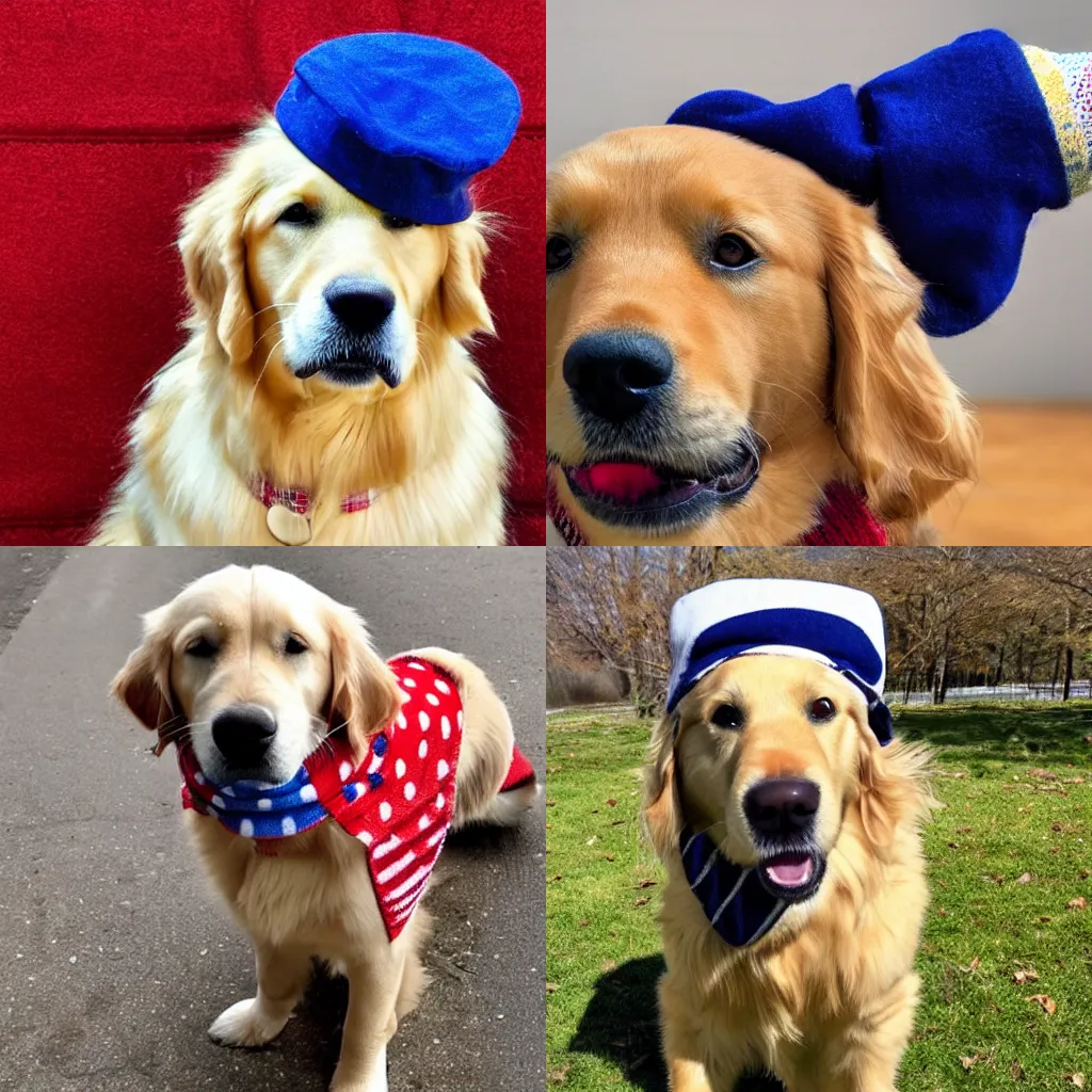 Prompt: A Golden Retriever dog wearing a blue checkered beret and red dotted turtleneck