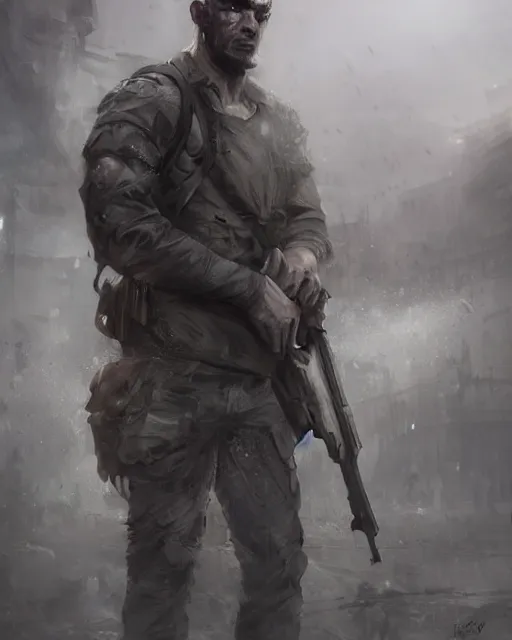 Image similar to battle hardened charismatic man soldier muscular, face centered portrait, confident, ruined cityscape, zombies, fog, rain, volumetric lighting, soft light particles floating near her, illustration, perfectly shaded, soft painting, art by krenz cushart and wenjun lin