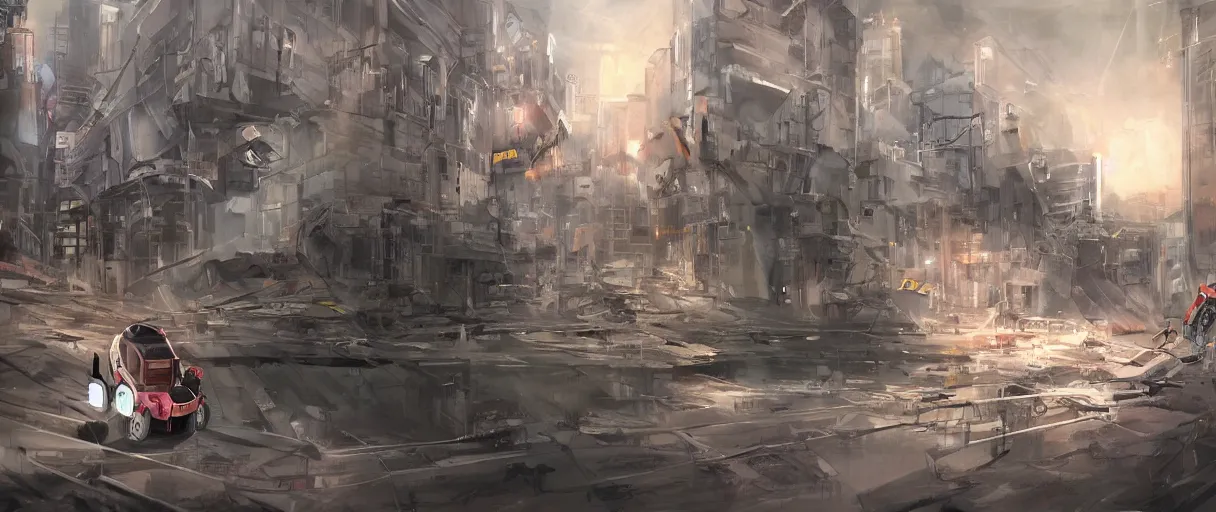 Image similar to concept art of one rescue robot, disaster in the city, night, shinji aramaki