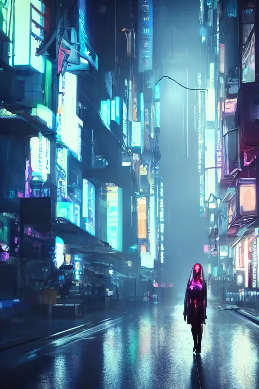 Image similar to a street level, low angle, photograph of a woman with robotic prosthetics in a clear, transparent raincoat, in a futuristic, blade runner city with heavy atmosphere. Volumetric light. Rainfall. Dystopic. Evening, neon lights. 8k. Filmic. Highly detailed. Octane render.