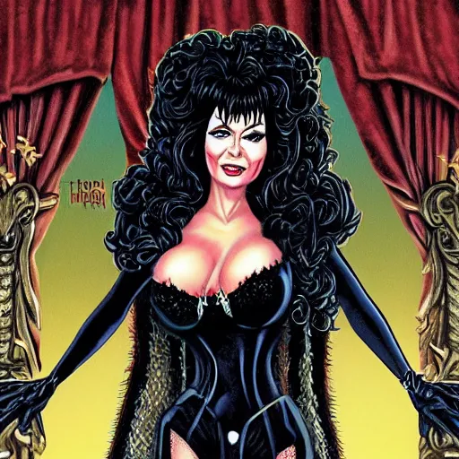 Prompt: a highly detailed illustration of elvira mistress of the dark by ralph horsely