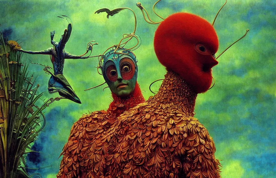 Image similar to realistic detailed portrait movie shot of a birdman wearing green leather coat, sci fi city landscape background by denis villeneuve, amano, yves tanguy, alphonse mucha, ernst haeckel, max ernst, roger dean, masterpiece, rich moody colours, blue eyes