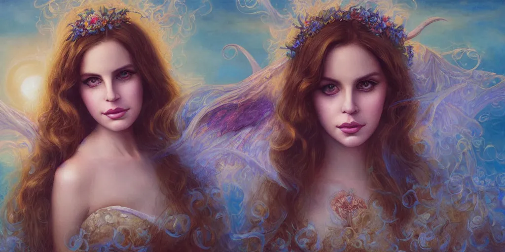 Image similar to big-eyed Lana Del Rey staring into the camera, sundown misty firefly wisps, Lilia Alvarado, Sophie Anderson, Mark Arian, Bob Byerley, Charlie Bowater, Mark Brooks, Steve Henderson, Justin Gerard, Arthur Hughes, Edward Robert Hughes, Mark Keathley, Victor Nizovtsev, Carlos Shwabe, Ross Tran, WLOP
