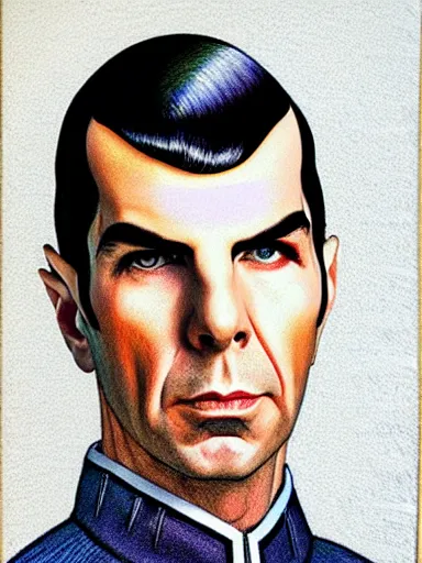 Prompt: : ZACHARY QUINTO SPOCK fanart + 70s COLORED PENCIL + art by J.C. LEYENDECKER + 4K UHD IMAGE + STUNNING QUALITY + CRAYON TEXTURE