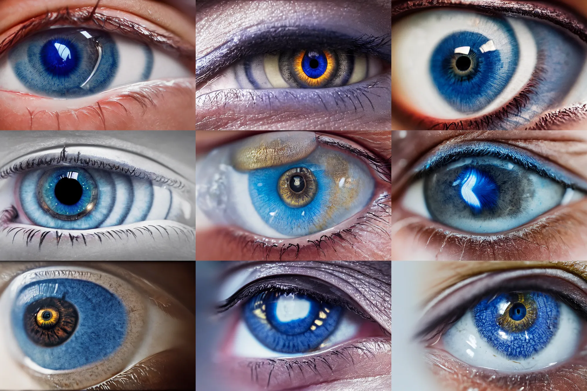 Prompt: Eye, extreme close up, blue iris, pupil, gold flecks, white of the eye, glistening, very detailed, biological detail, hires, octane 4k render