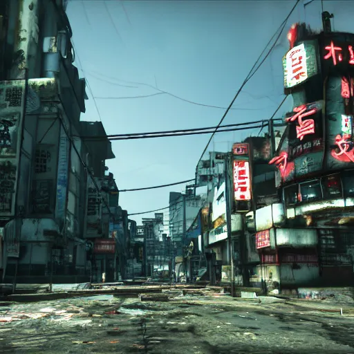 Image similar to Kabukicho, Tokyo in ruins post-nuclear war in Fallout 4, in game screenshot