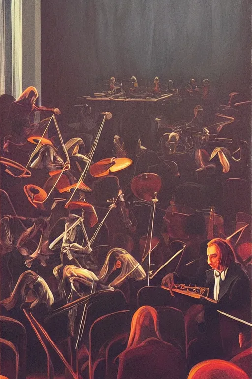 Prompt: Shakespeare in the Metal Band Concert with Orchestra Edward Hopper and James Gilleard, Zdzislaw Beksisnski, higly detailed