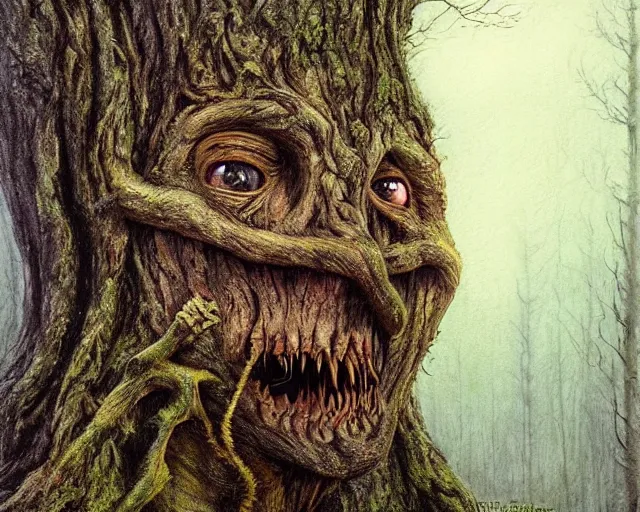 Prompt: a talking oak tree, huge face in the bark, eyes in the bark, mouth in the bark, horror concept art, sharp teeth, digital painting, oil painting, hyperrealistic, treebeard, ent, undead, fantasy monster, moonlight, in the forest, by alan lee, by artgerm