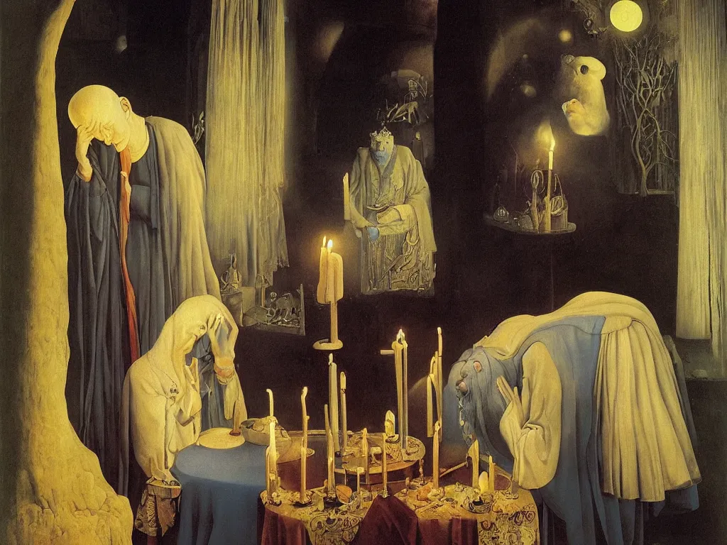 Prompt: Portrait of albino mystic with blue eyes, praying at candle light. Painting by Jan van Eyck, Audubon, Rene Magritte, Agnes Pelton, Max Ernst, Walton Ford