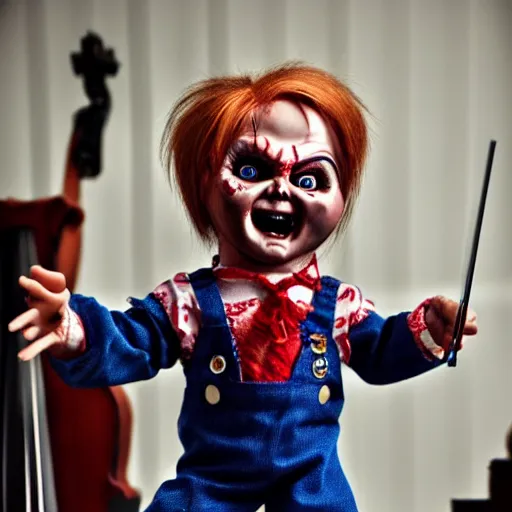 Prompt: handsome and well dressed screaming chucky doll conducting an orchestra