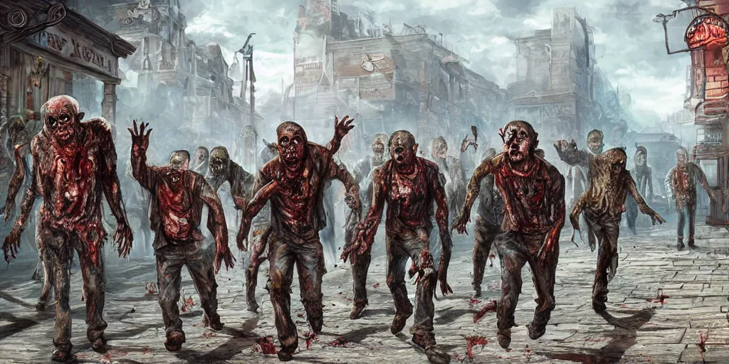Prompt: Zombies wandering through a Midwestern town, high quality fantasy art, 4k