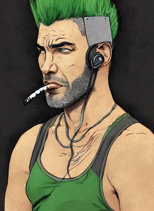 Image similar to portrait of a man with gray and green mohawk wearing a gray headset and brown tank top, gray and green mohawk, gray headset, brown tank top. art by oliver bonhomme, oliver bonhomme artwork. portrait.