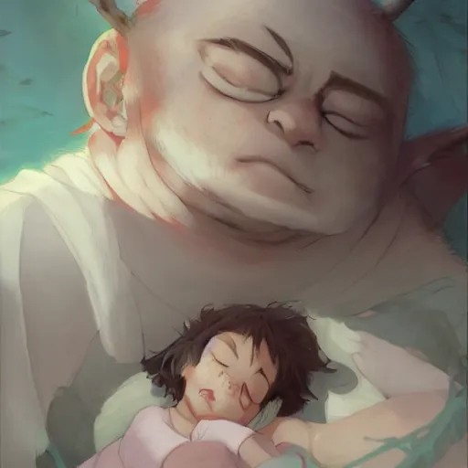 Prompt: a monster stealing the bad dreams of a sleeping child. detailed. 2 d art. jarold sng. krenz cushart. cartoon.