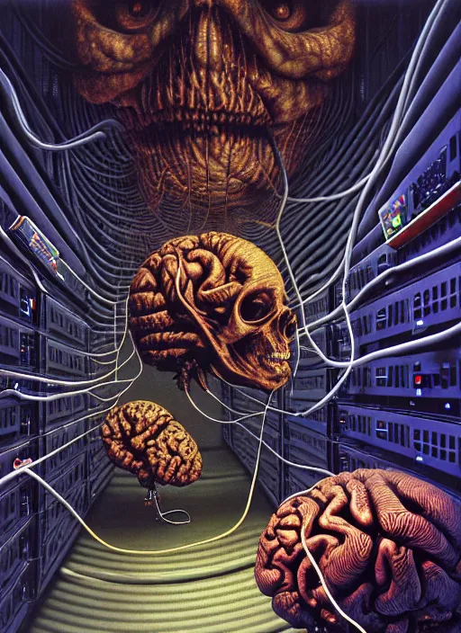 Prompt: realistic detailed image photo of little cockroaches devouring a big human brain connected with wires and cords to a huge PC computer screen monitor from 90s in a huge server room, in an outer space by Ayami Kojima, Amano, Karol Bak, Greg Hildebrandt, and Mark Brooks, rich deep colors. Beksinski painting, art by Takato Yamamoto. masterpiece.