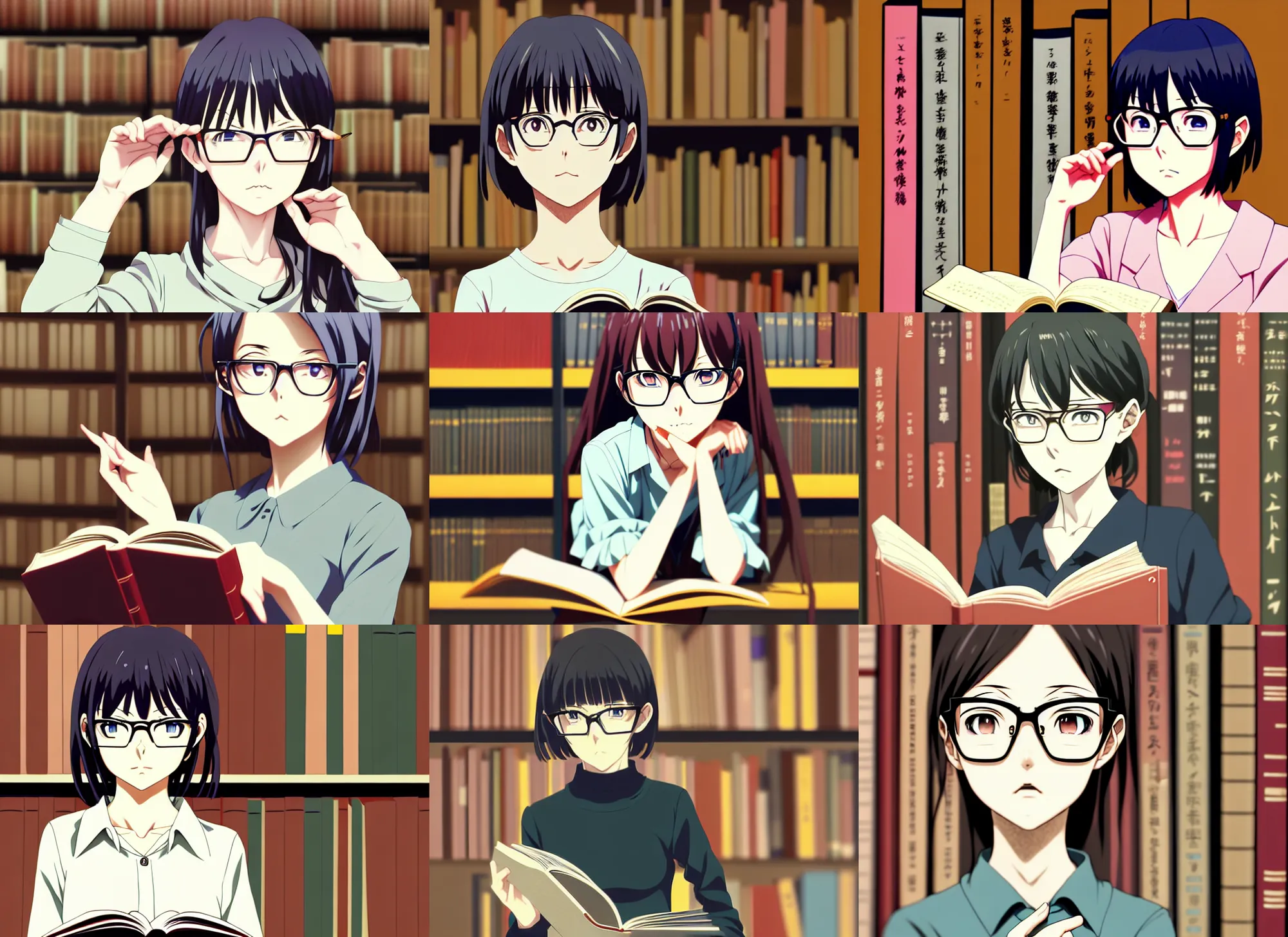 Prompt: anime visual, low light portrait of a curious young woman in a library interior reading, wearing glasses, cute face by ilya kuvshinov, yoh yoshinari, dynamic pose, dynamic perspective, cel shaded, flat shading mucha, rounded eyes, moody, psycho pass, kyoani, crisp smooth facial features