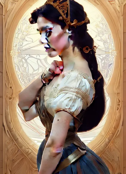 Image similar to portrait of princess snowhite, intricate, elegant, highly detailed, my rendition, digital painting, artstation, concept art, smooth, sharp focus, illustration, art by artgerm and greg rutkowski and alphonse mucha and uang guangjian and gil elvgren and sachin teng, symmetry!!