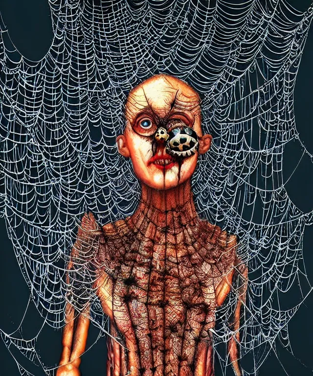 Image similar to a woman standing all covered in spiders. incredible number of spiders. extremely high details, many spider eyes, realistic, horror, creepy, web, masterpiece, colorful art